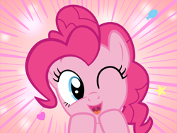 Size: 1600x1200 | Tagged: safe, artist:s.guri, imported from derpibooru, pinkie pie, americano exodus, cute, diapinkes, female, happy, heart, looking at you, open mouth, parody, smiling, solo, stars, uvula, vector, wink
