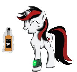 Size: 2041x1902 | Tagged: safe, artist:koshakevich, imported from derpibooru, oc, oc only, oc:blackjack, pony, unicorn, fallout equestria, fallout equestria: project horizons, alcohol, bottle, eyes closed, fanfic, fanfic art, female, glowing horn, hooves, horn, levitation, magic, mare, pipbuck, simple background, smiling, solo, teeth, telekinesis, transparent background, whiskey