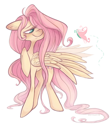Size: 800x900 | Tagged: safe, artist:ninidoodles, imported from derpibooru, fluttershy, butterfly, female, hair over one eye, solo