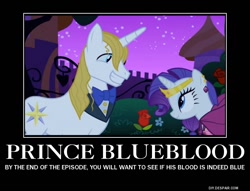 Size: 750x574 | Tagged: safe, edit, edited screencap, imported from derpibooru, screencap, prince blueblood, rarity, the best night ever, clothes, demotivational poster, dress, duo, flower, gala dress, meme, rose