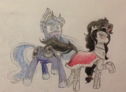 Size: 1024x747 | Tagged: safe, artist:fallenangel5414, imported from derpibooru, king sombra, princess luna, alicorn, unicorn, artumbra, blushing, lumbra, prince artemis, queen umbra, rule 63, seduction, shipping, tail seduce, traditional art