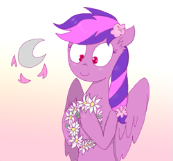 Size: 765x713 | Tagged: safe, artist:rainbowcider, imported from derpibooru, oc, oc only, oc:moonlight blossom, pegasus, pony, female, flower, flower in hair, gradient background, mare, solo