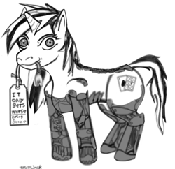 Size: 1500x1450 | Tagged: safe, imported from derpibooru, oc, oc only, oc:blackjack, cyborg, pony, unicorn, fallout equestria, fallout equestria: project horizons, amputee, black and white, cutie mark, cybernetic legs, fanfic, fanfic art, female, grayscale, hooves, horn, level 2 (project horizons), looking at you, mare, monochrome, mouth hold, sign, simple background, solo, text, white background