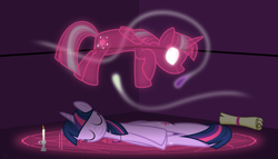 Size: 11200x6400 | Tagged: safe, artist:parclytaxel, imported from derpibooru, twilight sparkle, alicorn, ghost, pony, .svg available, absurd resolution, astral projection, both cutie marks, candle, constructed language, eyes closed, female, glowing eyes, kezuasoka, magic, magic circle, mare, necklace, on side, parody, pseton, runes, scroll, see-through, side, smiling, solo, twilight sparkle (alicorn), vector