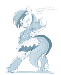 Size: 600x743 | Tagged: safe, artist:wolhim, imported from derpibooru, rainbow dash, pegasus, pony, bipedal, clothes, equestria girls outfit, female, hairclip, mare, monochrome, one eye closed, pixiv, shoes, simple background, skirt, sneakers, solo, text, white background, wink, wondercolts