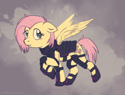 Size: 955x724 | Tagged: safe, artist:petrifish, imported from derpibooru, fluttershy, alternate hairstyle, armor, female, looking back, short hair, short mane, short tail, solo