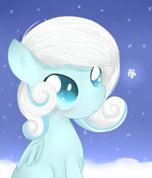 Size: 1024x1195 | Tagged: safe, artist:britt-nya, imported from derpibooru, oc, oc only, oc:snowdrop, pegasus, pony, blushing, folded wings, looking at something, sitting, snow, snowfall, snowflake, solo