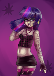 Size: 1000x1400 | Tagged: safe, artist:rainbowsprinklesart, imported from derpibooru, twilight sparkle, human, belly button, clothes, earring, female, fingerless gloves, glasses, gloves, humanized, midriff, socks, solo, tattoo, thigh highs