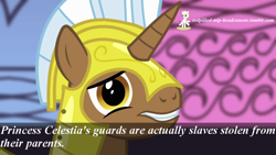 Size: 1024x576 | Tagged: safe, edit, edited screencap, imported from derpibooru, screencap, pony, unicorn, armor, frown, gritted teeth, headcanon, looking at you, male, redpilled-mlp-headcanons, royal guard, slavery, solo, tyrant celestia