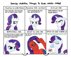 Size: 1280x1040 | Tagged: safe, imported from derpibooru, rarity, 60s spider-man, :i, angry, blood, blushing, cake, chart, doing hurtful things, eating, eyes closed, floppy ears, frown, glare, gritted teeth, hair over one eye, handkerchief, hoof hold, implying, looking at you, magic, meme, nose wrinkle, nosebleed, spider-man, spiderman thread, telekinesis, vulgar