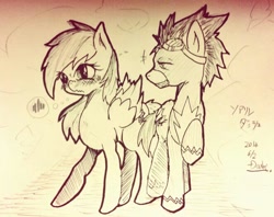 Size: 662x524 | Tagged: safe, artist:doubt, imported from derpibooru, rainbow dash, soarin', blushing, female, male, monochrome, nervous, shipping, smiling, soarindash, straight, thought bubble, traditional art, wavy mouth