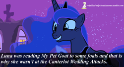 Size: 1280x690 | Tagged: safe, imported from derpibooru, screencap, princess luna, goat, 9/11, female, george bush, george w. bush, grin, headcanon, redpilled-mlp-headcanons, smiling, solo