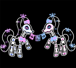 Size: 767x686 | Tagged: safe, artist:violetmagician, imported from derpibooru, aloe, lotus blossom, earth pony, pony, black background, dia de los muertos, duo, duo female, female, mare, mouth hold, raised hoof, simple background, spa twins