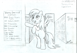 Size: 1140x783 | Tagged: artist needed, safe, imported from derpibooru, derpy hooves, pegasus, pony, book, female, librarian, library, mare, monochrome, solo, traditional art