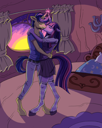 Size: 1350x1688 | Tagged: safe, artist:catsncupcakes, imported from derpibooru, comet tail, twilight sparkle, anthro, bed, clothes, cometlight, crack shipping, female, horns are touching, kissing, male, shipping, straight