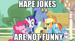 Size: 1260x700 | Tagged: safe, imported from derpibooru, applejack, discord, pinkie pie, rainbow dash, rarity, three's a crowd, blue flu, hape, hubble, image macro, impact font, meme