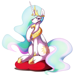 Size: 3545x3577 | Tagged: safe, artist:maren, imported from derpibooru, princess celestia, alicorn, pony, blushing, cute, cutelestia, female, hair over one eye, jewelry, looking at you, mare, necklace, pillow, shy, sitting, smiling, solo