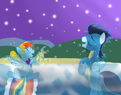 Size: 1023x808 | Tagged: safe, artist:rulette, imported from derpibooru, rainbow dash, soarin', pegasus, pony, ^^, clothes, dress, eyes closed, female, gala dress, male, mare, shipping, smiling, soarindash, splashing, spread wings, stallion, straight, swimming, uniform, water, wet clothes, wonderbolts uniform