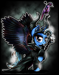 Size: 1865x2368 | Tagged: safe, artist:gray--day, imported from derpibooru, trixie, twilight sparkle, alicorn, bird, crow, pony, birdified, clothes, diablo, diablo (series), frown, glare, horns, lidded eyes, looking at you, maleficent, parody, race swap, raised hoof, robe, species swap, spread wings, staff, twilight is not amused, twilight sparkle is not amused, unamused