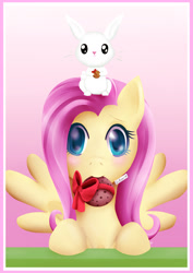 Size: 924x1302 | Tagged: safe, artist:inkatra, imported from derpibooru, angel bunny, fluttershy, cookie, mouth hold