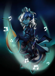 Size: 762x1048 | Tagged: safe, artist:anightlypony, imported from derpibooru, oc, oc only, oc:nightly, pony, unicorn, blue, clothes, lute, magic, male, musical instrument, solo, stallion, sword