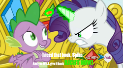 Size: 1449x808 | Tagged: safe, edit, edited screencap, imported from derpibooru, screencap, rarity, spike, dragon, pony, inspiration manifestation, bibliovore, corrupted, hub logo, image macro, inspirarity, laxative, male, meme, possessed