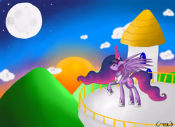 Size: 5500x4000 | Tagged: safe, artist:gree3, imported from derpibooru, twilight sparkle, alicorn, pony, canterlot, ethereal mane, female, gradient mane, hoof shoes, jewelry, magic, magic aura, mare, moon, older, peytral, regalia, solo, sun, twilight sparkle (alicorn), ultimate twilight