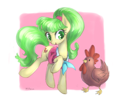 Size: 968x785 | Tagged: safe, artist:mlpanon, imported from derpibooru, chickadee, ms. peachbottom, chicken, earth pony, pony, clothes, female, simple background, solo, white background