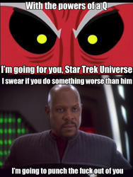 Size: 768x1019 | Tagged: safe, imported from derpibooru, lord tirek, benjamin sisko, exploitable meme, meme, star trek, tirek vs everyone meme, tirek vs the captains, vulgar