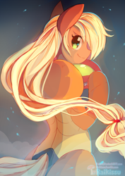 Size: 585x826 | Tagged: safe, artist:pekou, imported from derpibooru, applejack, anthro, applesamus, armor, cosplay, crossover, cute, female, hatless, jackabetes, looking at you, looking back, metroid, missing accessory, nintendo, profile, samus aran, smiling, solo