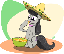 Size: 1551x1302 | Tagged: dead source, safe, artist:verzi-9, imported from derpibooru, octavia melody, bowl, eating, female, food, hat, nachos, nachotavia, sitting, solo, sombrero