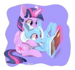 Size: 1700x1600 | Tagged: dead source, safe, artist:sion, imported from derpibooru, trixie, twilight sparkle, alicorn, pony, book, female, glowing horn, head on lap, horn, lesbian, magic, mare, palindrome get, pony hat, reading, shipping, telekinesis, twilight sparkle (alicorn), twixie