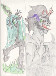 Size: 762x1049 | Tagged: safe, artist:mewmew55, imported from derpibooru, king sombra, queen chrysalis, changeling, changeling queen, unicorn, female, traditional art