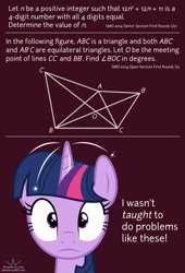 Size: 1020x1500 | Tagged: safe, artist:parclytaxel, imported from derpibooru, princess celestia, twilight sparkle, faic, female, frown, geometry, magic, math, number theory, olympiad, question, singapore, solo, sparks, text, triangles, tumblr, twilight sparkle (alicorn), twitwee