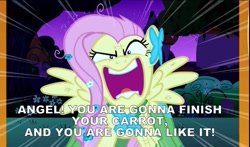 Size: 819x481 | Tagged: safe, edit, edited screencap, imported from derpibooru, screencap, angel bunny, fluttershy, the best night ever, dying for pie, female, flutterrage, solo, spongebob squarepants