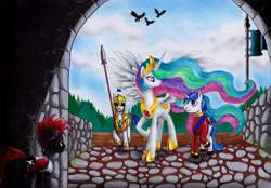 Size: 1580x1101 | Tagged: safe, artist:reptilecynrik, imported from derpibooru, princess celestia, shining armor, oc, crow, hazard, raised hoof, redmane, royal guard, spear, traditional art, weapon