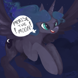 Size: 1280x1280 | Tagged: safe, artist:slimeprnicess, imported from derpibooru, princess luna, alicorn, pony, cute, female, flying, mare, missing accessory, open mouth, praise the moon, smiling, solo, spread wings, starry eyes, wingding eyes