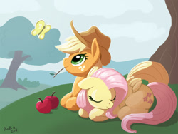 Size: 1000x750 | Tagged: safe, artist:pusspuss, imported from derpibooru, applejack, fluttershy, butterfly, earth pony, pegasus, pony, apple, appleshy, female, food, lesbian, mare, outdoors, shipping, sleeping