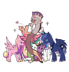 Size: 700x738 | Tagged: dead source, safe, artist:raichi, imported from derpibooru, discord, princess cadance, princess celestia, princess luna, twilight sparkle, alicorn, pony, female, mare, princess discord, simple background, twilight sparkle (alicorn)