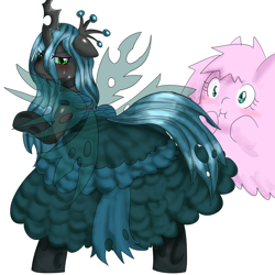 Size: 2000x2000 | Tagged: safe, artist:wonton soup, imported from derpibooru, queen chrysalis, oc, oc:fluffle puff, clothes, dress, pixiv