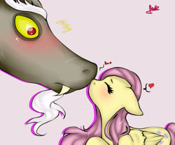 Size: 3000x2500 | Tagged: safe, artist:kyoraayako, imported from derpibooru, discord, fluttershy, blushing, boop, cute, discoshy, eyes closed, female, floppy ears, heart, interspecies, kissing, male, noseboop, shipping, straight, surprise kiss, surprised, wide eyes