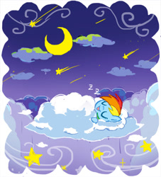 Size: 453x500 | Tagged: safe, artist:fuyuse leka, imported from derpibooru, rainbow dash, pegasus, pony, blanket, cloud, cloudy, crescent moon, cute, female, moon, night, onomatopoeia, pixiv, shooting star, sleeping, solo, sound effects, zzz