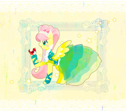 Size: 700x627 | Tagged: safe, artist:fuyuse leka, imported from derpibooru, fluttershy, bird, green isn't your color, animal, clothes, dress, female, modelshy, pixiv, solo