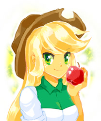 Size: 415x500 | Tagged: safe, artist:fuyuse leka, imported from derpibooru, applejack, equestria girls, apple, bust, cute, female, jackabetes, looking at you, pixiv, solo