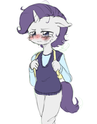 Size: 1001x1284 | Tagged: safe, artist:yajima, imported from derpibooru, rarity, anthro, backpack, clothes, crying, elusive, male, pants, rule 63, simple background, solo, sweater vest