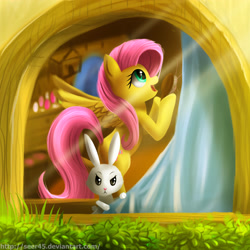 Size: 3543x3543 | Tagged: safe, artist:seer45, imported from derpibooru, angel bunny, fluttershy, curtain, curtains, hairbrush, window