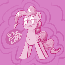 Size: 700x700 | Tagged: safe, artist:goat train, imported from derpibooru, pinkie pie, chest fluff, confused, female, glasses, monochrome, nose wrinkle, raised eyebrow, solo