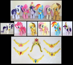 Size: 946x844 | Tagged: safe, artist:fireflytwinkletoes, imported from derpibooru, applejack, fluttershy, pinkie pie, rainbow dash, rarity, twilight sparkle, alicorn, pony, big crown thingy, elements of harmony, female, irl, mare, photo, plushie, show accurate, twilight sparkle (alicorn)