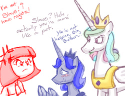 Size: 825x638 | Tagged: safe, artist:redanon, imported from derpibooru, princess celestia, princess luna, oc, oc:anon, oc:femanon, alicorn, human, blushing, comic, femanon in malequestria, king solaris, prince artemis, prince solaris, royal brothers, rule 63, trio