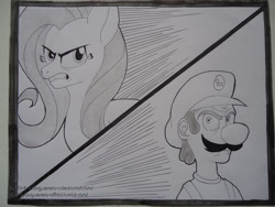 Size: 1280x960 | Tagged: safe, artist:loboguerrero, imported from derpibooru, fluttershy, luigi, luigi's death stare, mario kart, mario kart 8, meme, monochrome, stare, super mario bros., traditional art